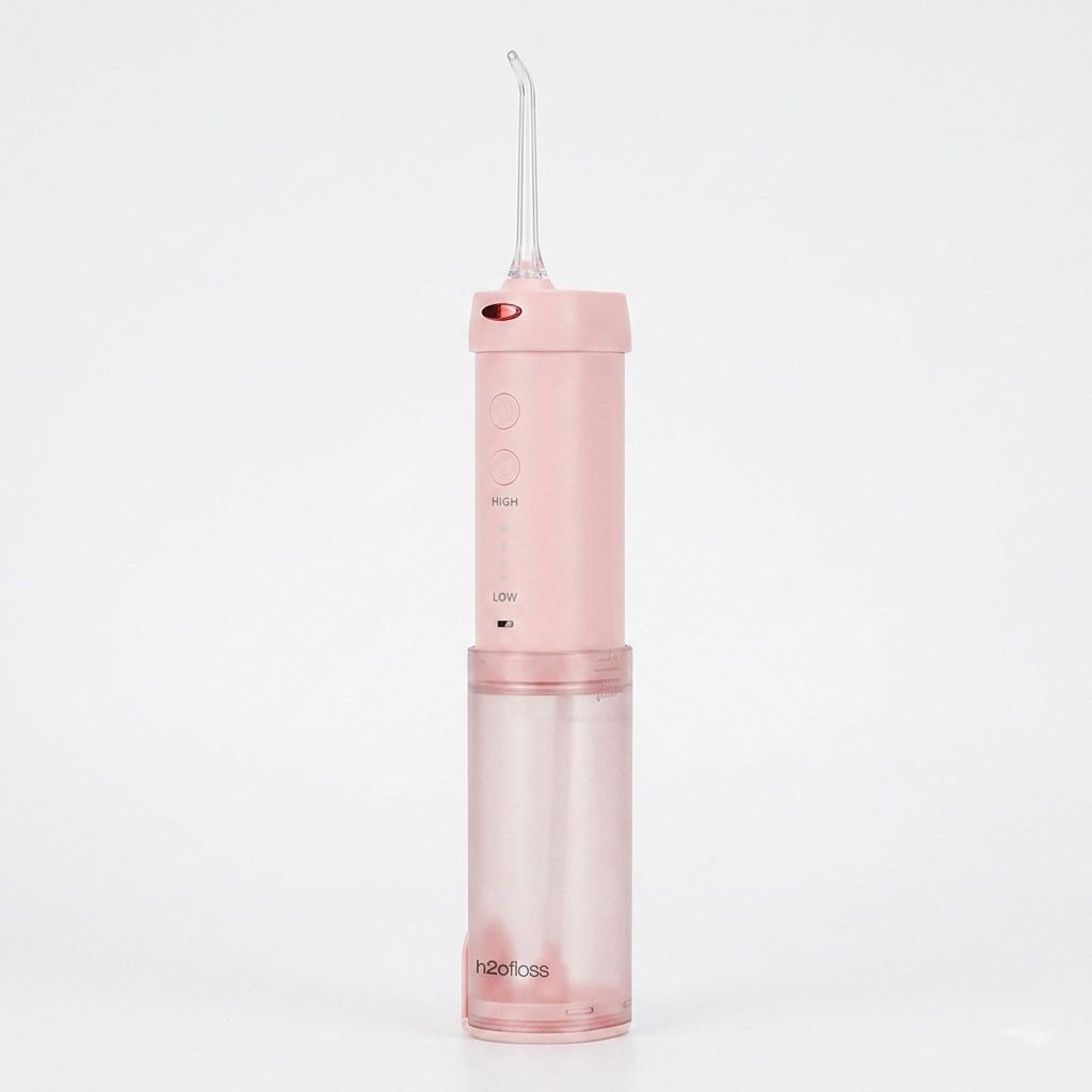 Pink dental water flosser on a white background
