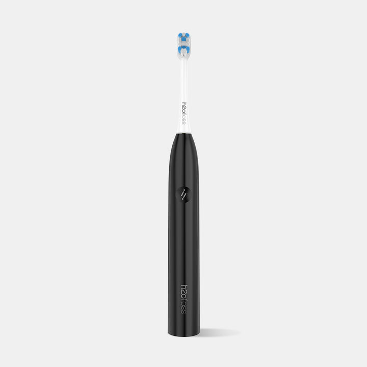 h2ofloss Black electric toothbrush with blue bristle head on a white background