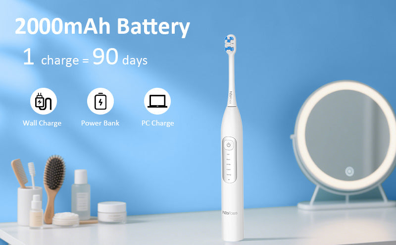 White electric toothbrush with 2000mAh battery on a blue background