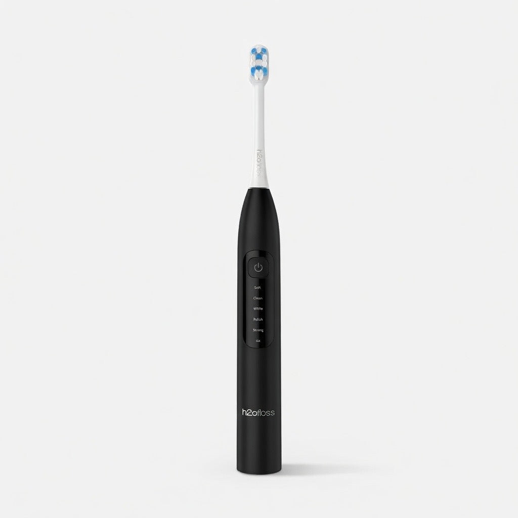 h2ofloss Black electric toothbrush with blue bristles on a white background 